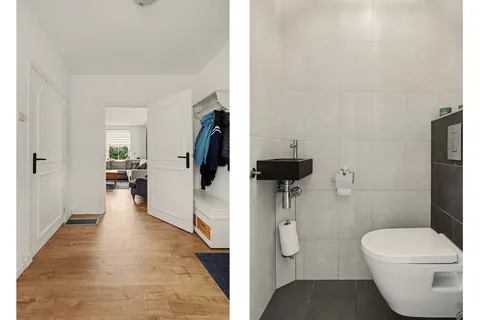 Hal met garderobe en het gemoderniseerde toilet met zwevend closet en fonteintje