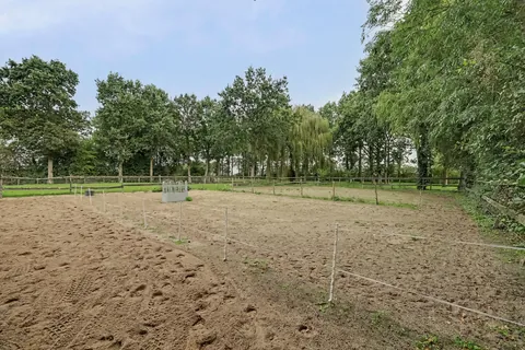 Rijbak die met schriklint in tweeën is gedeeld, met weide en bomen erachter