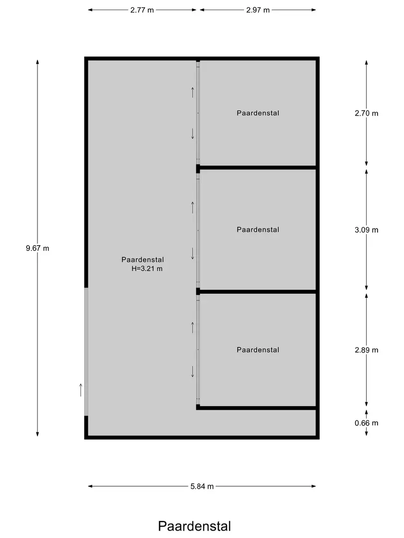 Plattegrond van de paardenstal met drie boxen